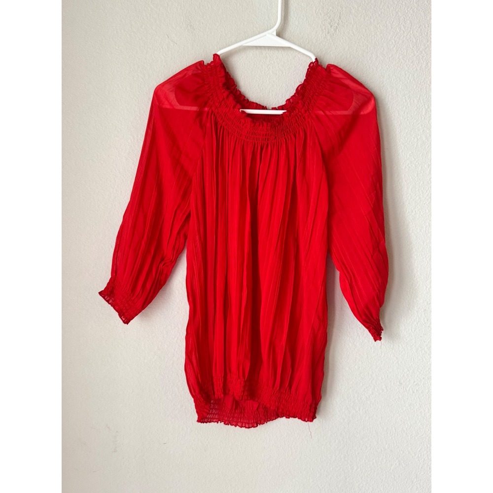 New Directions Red Crinkle Pleat Smocked Off Shoulder Blouse Top Large
